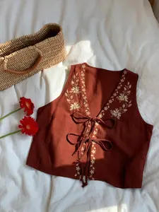 Vintage Caramel Color Sleeveless Vest, Elegant Floral Embroidery V-Neck Tie Top, Loose Fit Slimming Casual Vacation Style Outerwear for Women