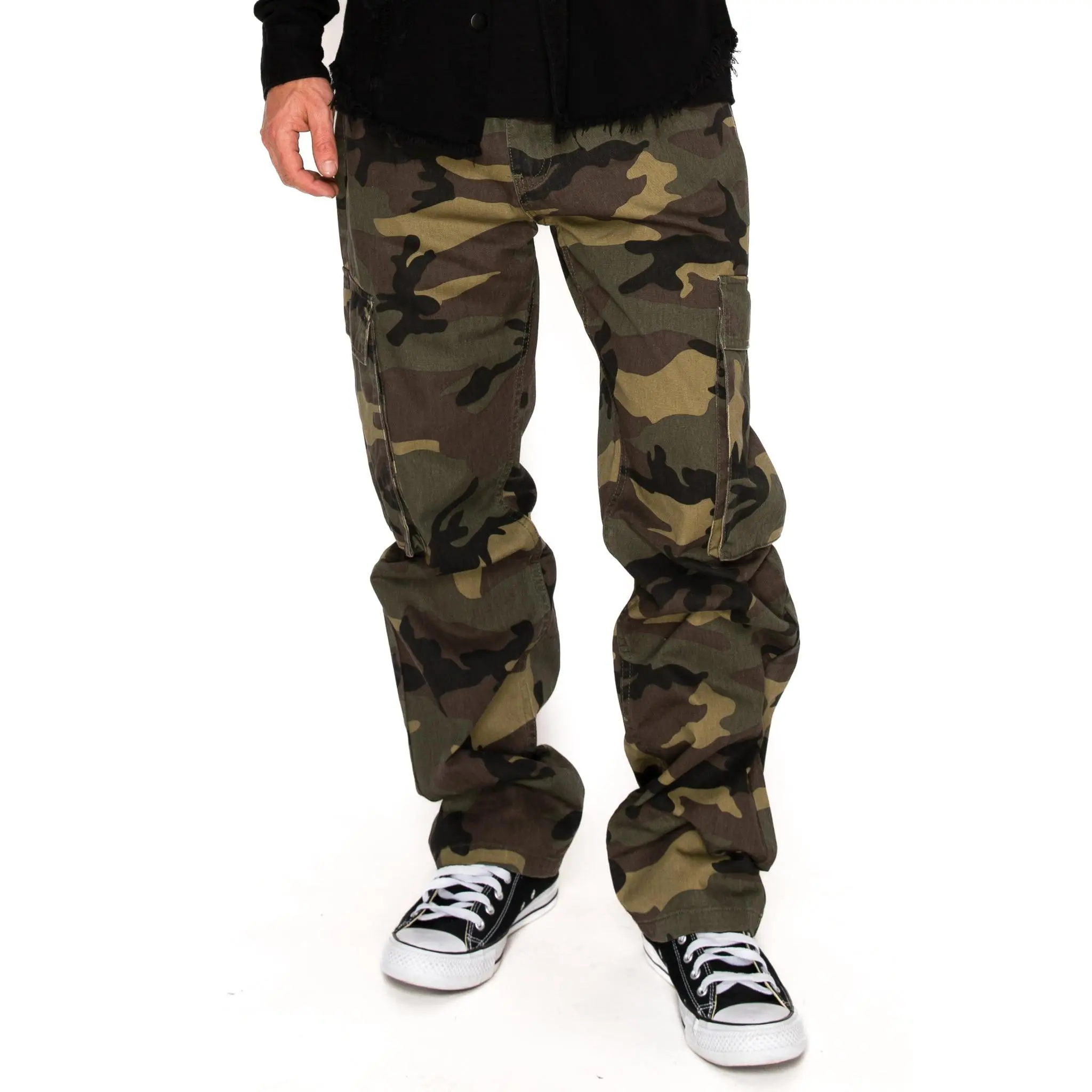 VICTORIOUS Men's 100% Cotton Baggy Cargo Pants, Woodland Camo Print All-Season Streetwear Trousers, Classic, Mens Clothing, Baggy Camouflage Men's Pants, Camo Style Men's Pants