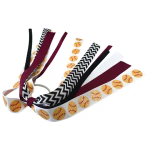 Glitter Softball Hair Ribbons for Girls, Burgundy Black & White on Ponytail
