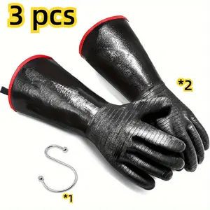 2PCS Thicken Kitchen Oven Mitts Heat Resistant BBQ Gloves Waterproof Fireproof Oil Resistant Grilling Gloves for Fryer Cooking Baking Grilling Camping Baking, Includes 2 Hooks