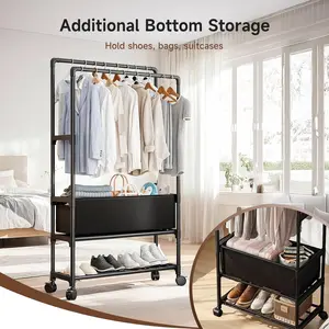 Double Rod Garment Rack - Lockable Wheels Height Adjustable with Storage Bag Shelves