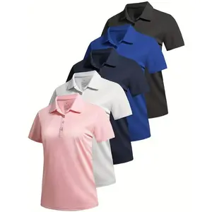 [5 Pack Polo Shirts] 5 Pack Moisture-Wicking Women's Polo Shirts |     Short Sleeve 4 Buttons Collared Uniform Tops For Work & Casual