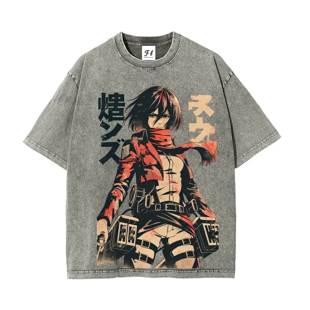 Men's Attack on Titan Mikasa Battle Washed Cotton T-Shirt - Unisex Short-Sleeve Fashion Top with Premium Fabric, Anime-Inspired Retro Design, Tshirt, Shortsleeve