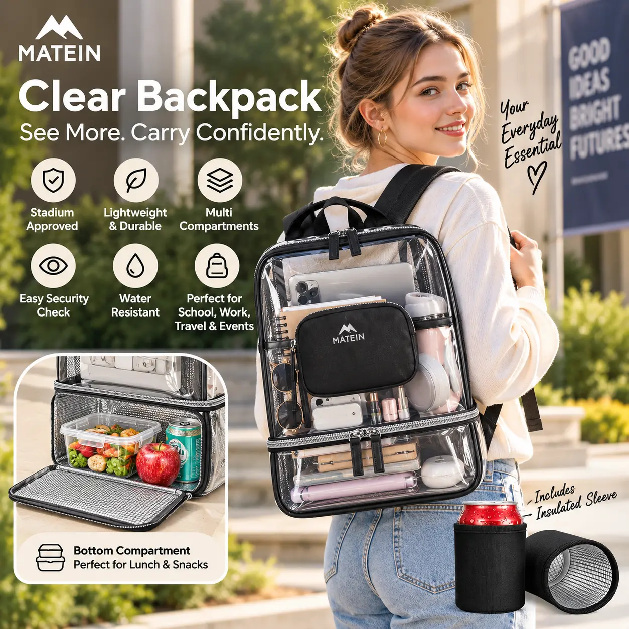 MATEIN CLASSIC TPU Clear Backpack Stadium Approved, Dual-Layer Stadium Bag