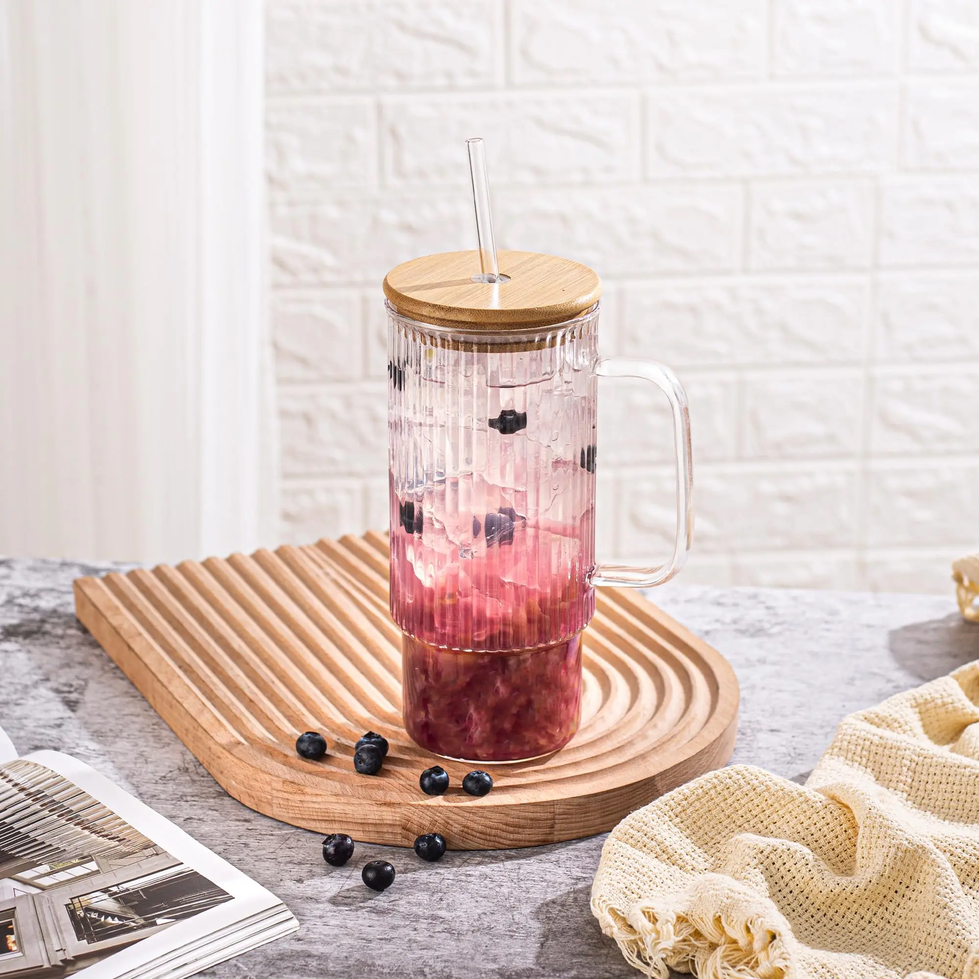 32oz Ribbed Glass Cup with Handle Bamboo Lid and Straw,Water Bottles,Iced Coffee Cups,Travel Coffee Mug Smoothie Tumbler,Cold/Hot Drinkware