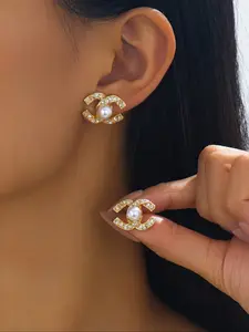 Elegant Zircon Cross Pearl Earrings Set, C-Shaped Studs for Women, Perfect for Daily Wear, Shopping, Dates, Trendy Fashion Accessories, Studded Cross Earrings