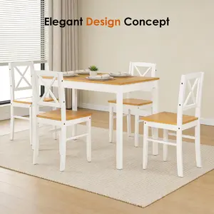 Bellemave 5-Piece Rubberwood Dining Table Set - 4 Chairs, Natural White Compact Long-Lasting Multi-Use Assembled Indoor Furniture, Easy-to-Clean Smooth Surface, Low-Maintenance for Small Apartments, Compact Dining Tables