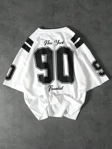 Men's Oversized Football Jersey T-Shirt, New York "Finalist" Number 90 Print, Striped Sleeve Sporty Top, Suitable For Street Style And Game Day Outfits