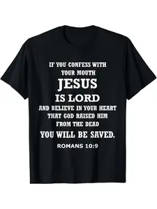 Men's Romans 10:9 Bible Verse T-Shirt - Jesus is Lord Christian Faith Apparel, Soft Breathable Cotton Crewneck Tee with Romans 10:9 Bible Verse (Jesus is Lord & Believe in Heart Raised from Dead) - Church, Gym, Casual Wear - Machine Washable Christian Gif