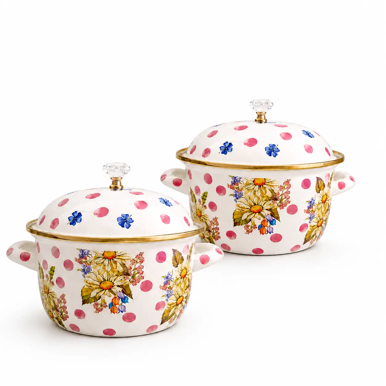 Vintage Floral Enamel Stock Pot with Lid, Double-Handle Stovetop Soup & Stew Pot, Cream White Cottage-Style Cooking Pot for Gas & Electric Stoves, 20 cm 84.55 oz / 24 cm 152.18 oz Cookware