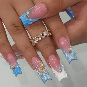 Summer Ocean Clear Fairy Style Press-On Nails, Nail Art, Blue Color Block 3D Wave French Glitter Nail Tips, Detachable for Girls Beach Vacation