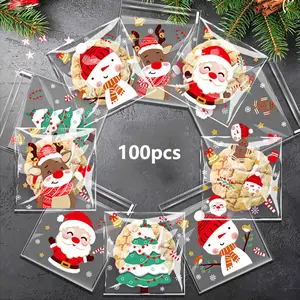 100pcs Christmas Opp Self-Stick Bags, Candy Chocolate Snack Bags, Baking Cookie Pastry Packaging Bags, Five-In-One Mixed Christmas Series