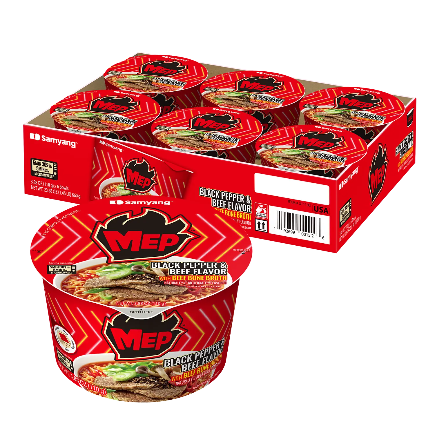 MEP Pack of 6 Black Pepper Beef Ramen, Spicy Korean Instant Bowl Noodle Soup, Rich Bone Broth Ramyeon, Quick Microwave Meal