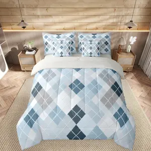 Traditional Argyle Pattern Comforter Set with Sheets 7 Piece Plaid Bedding Set for Kids Boys Girls Blue Checkered Striped Classical Bed in a Bag Room Decor Soft Microfiber