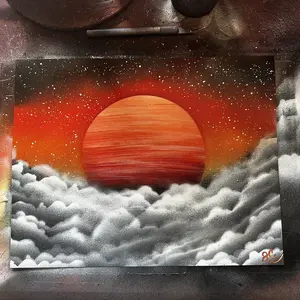 Galactic Graffiti Spray Paint Wall Art - Sunset Planet Behind Clouds