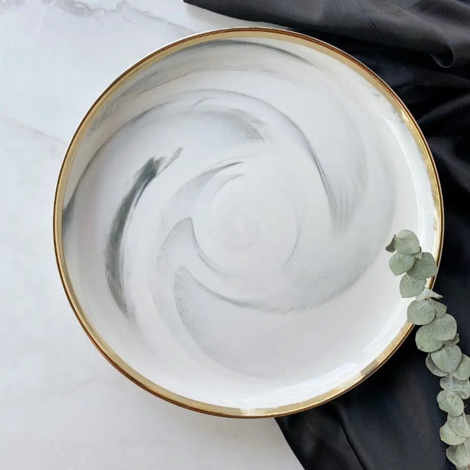 Marcel Ardani 'The Luxury Collection' Large Marble Design Plate with Gold Trim – Elegant Porcelain Dinnerware