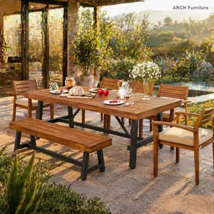 ARCH GO 7-8 Person Outdoor Wood Dining Set - Patio Furniture Sets with Removable Cushions, Ergonomic Chairs, Bench, and Thick Natural Finish Table for Porches