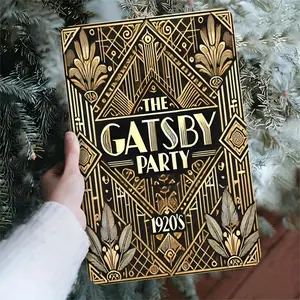 Metal Tin Signs 2D Flat,  20x30 Vintage Gatsby Party Tin Sign - 1920s Style Metal Wall Art with Golden Geometric Design, Durable Rustic Decor for Home, Bar, Cafe, Office & Outdoor Spaces - Perfect Holiday Gift for Themed Events, Metal Wall Art Decor, Perf