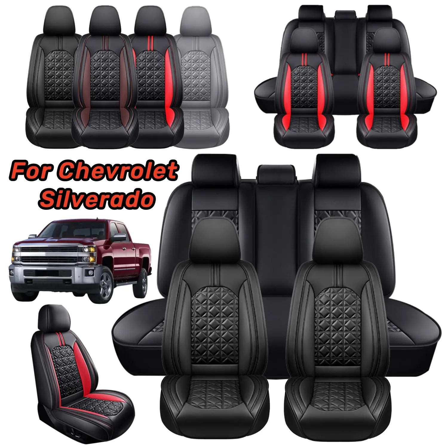 For Chevrolet Silverado GMC 1500 2500HD 3500HD Pickup Truck Car 5 Seat / 2 Seat Cover Full Set Premium PU Leather Front Rear Cushion Protector Pad Mat - For Mother Father Lover Friend Christmas Valentine Gift