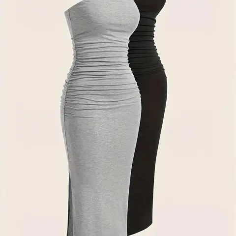【Black Friday】Women's Plain Ruched Split-Hem Knitted Bodycon Strapless Sleeveless Tube Dress, Casual Bandeau Dress for Daily Outdoor Wear, Sundresses, Summer Women's Dresses, Casual Dress Style #GLOBAL PICKS