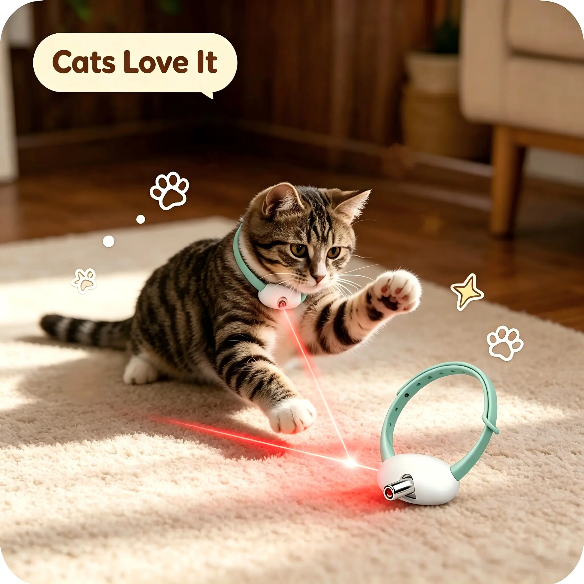 Automatic Laser Pointer Cat Collar for Indoor Cats, USB Rechargeable, 41° Aim Control, 8-12 in Premium TPU, 1oz Gentle on Fur, 1.5h Auto Restart, Flashing & Steady Modes Hands-Free Kitty Accessory