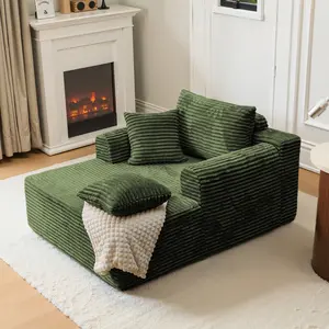 Oversized Chaise Lounge Indoor Sofa Bed Corduroy Upholstered Plush Lazy Chair with 3 Throw Pillows Armrests for Living Room Apartment