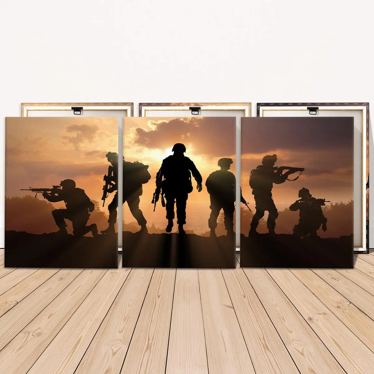 Wooden Framed Art Canvas Prints Painting Set, 3 Counts/set Soldier Silhouette At Dusk Pattern Creative Wall Art Decor, Wall Decor Pictures, Aesthetic Wall Decor for Home Living Room Bedroom Office