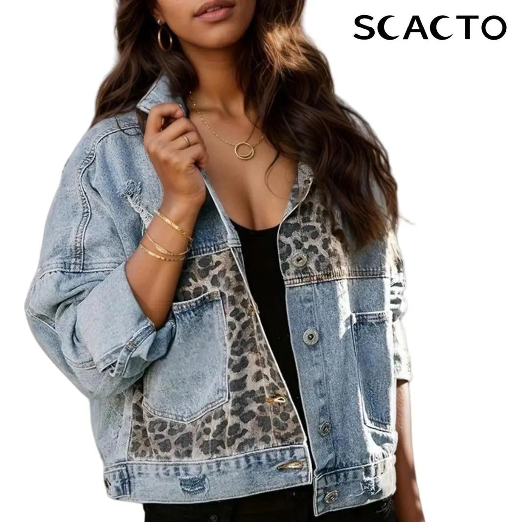 Scacto Women's Denim Jacket with Leopard Patch, Long Sleeve Coats for an Elevated Casual, Cool Girl Style,back to school,back to school shopping, Outerwear