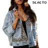Scacto Women's Denim Jacket with Leopard Patch, Long Sleeve Coats for an Elevated Casual, Cool Girl Style,back to school,back to school shopping, Outerwear Womenswear Collared