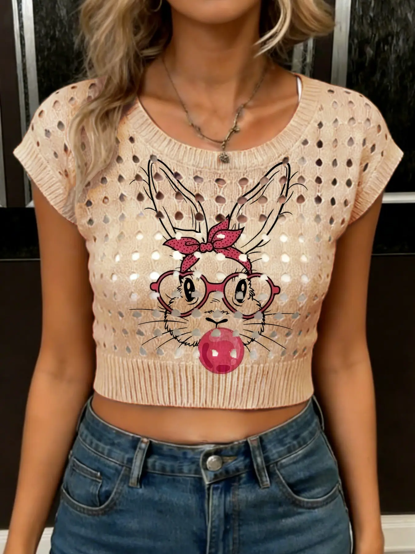 Women's Cartoon Glasses Rabbit Animal Print Round Neck Short Sleeve Knit Sweater, Casual Breathable Hollow Out Design, All Seasons Wear