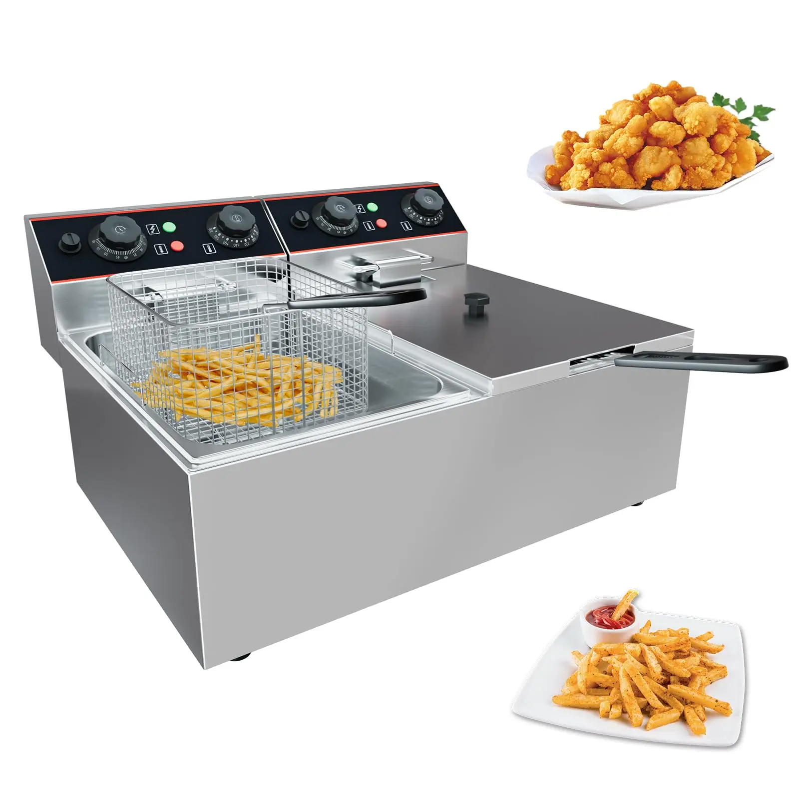 8 L(8.5QT) Commercial Double Electric Deep Fryer with 2 Baskets, 3000W Stainless Steel Deep Fryer for Home Use, Adjustable Temperature, Perfect for Kitchen
