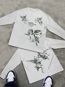 Men's Long Sleeve Slim Fit T-Shirt, Simple Pattern Angel, Casual Home Wear, Fashionable Street Style, Perfect Gift Choice, Fitted, Streetwear, Menswear