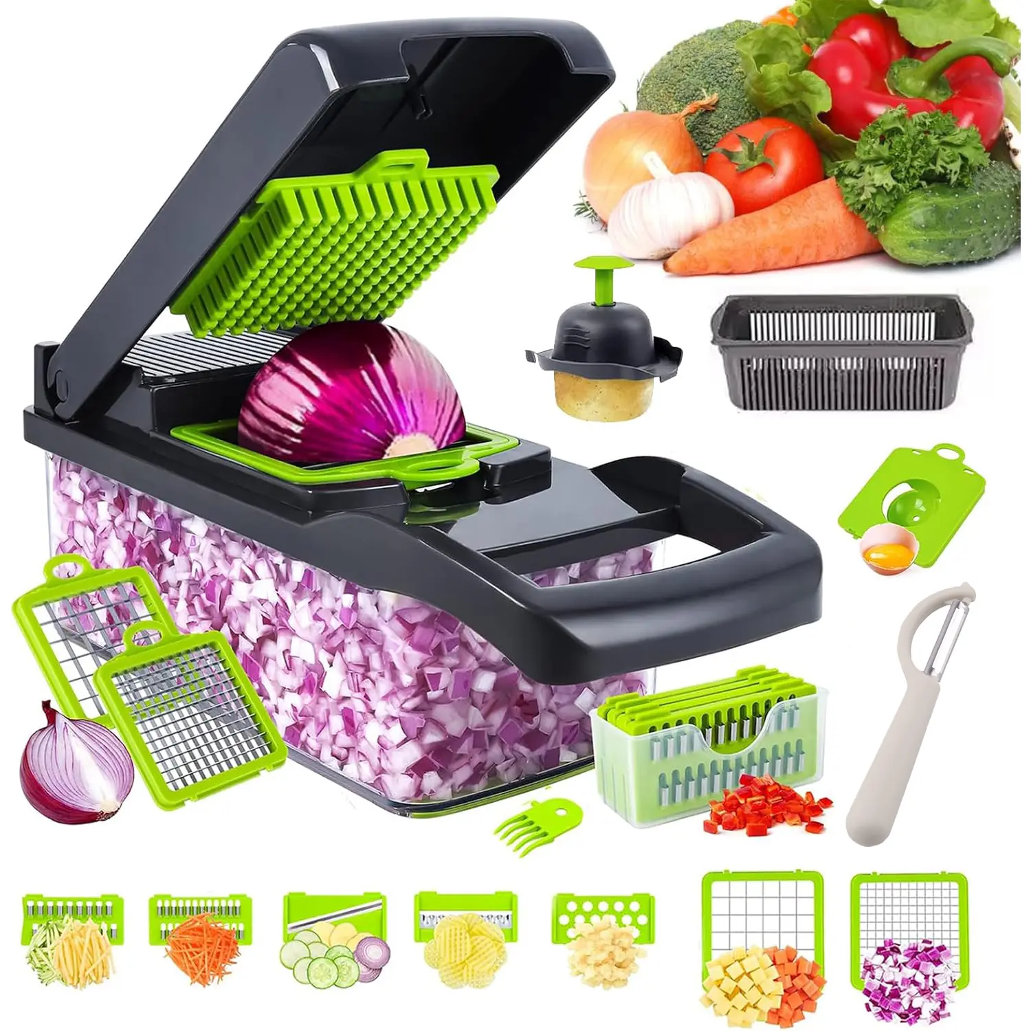 Vegetable Slicer/Shredder, Multi-Functional 16-in-1 Food Chopper, Kitchen Vegetable Slicer and Dicer, Onion Mincer, Cheese Slicer, Drain Basket, Kitchen Gadget (Grey)