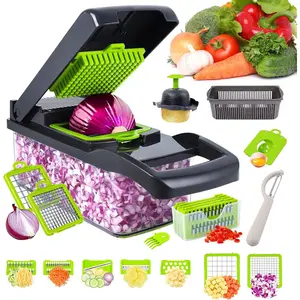 Vegetable Slicer/Shredder, Multi-Functional 16-in-1 Food Chopper, Kitchen Vegetable Slicer and Dicer, Onion Mincer, Cheese Slicer, Drain Basket, Kitchen Gadget (Grey)