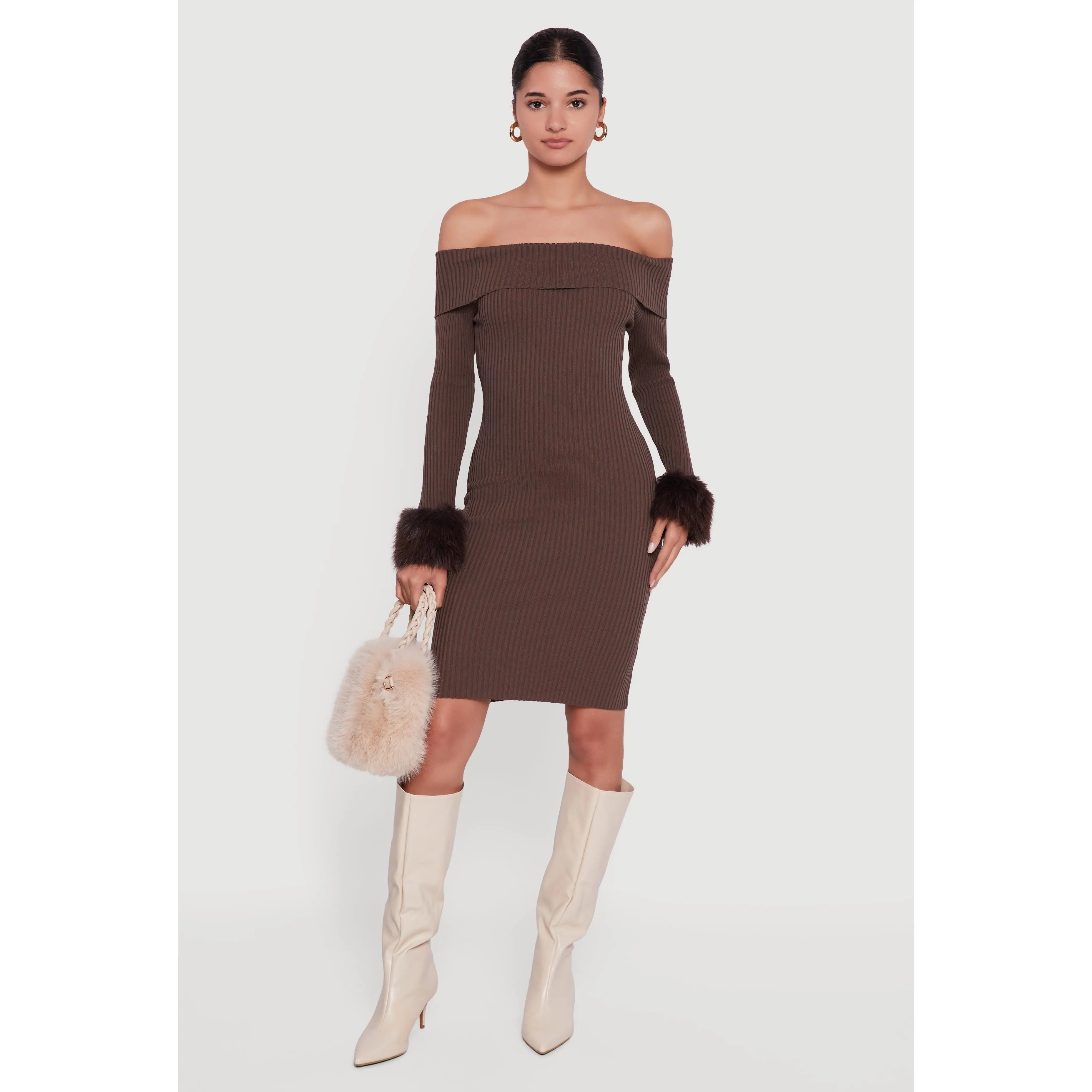 Faux Fur Cuff Fold Over Off the Shoulder Sweater Dress