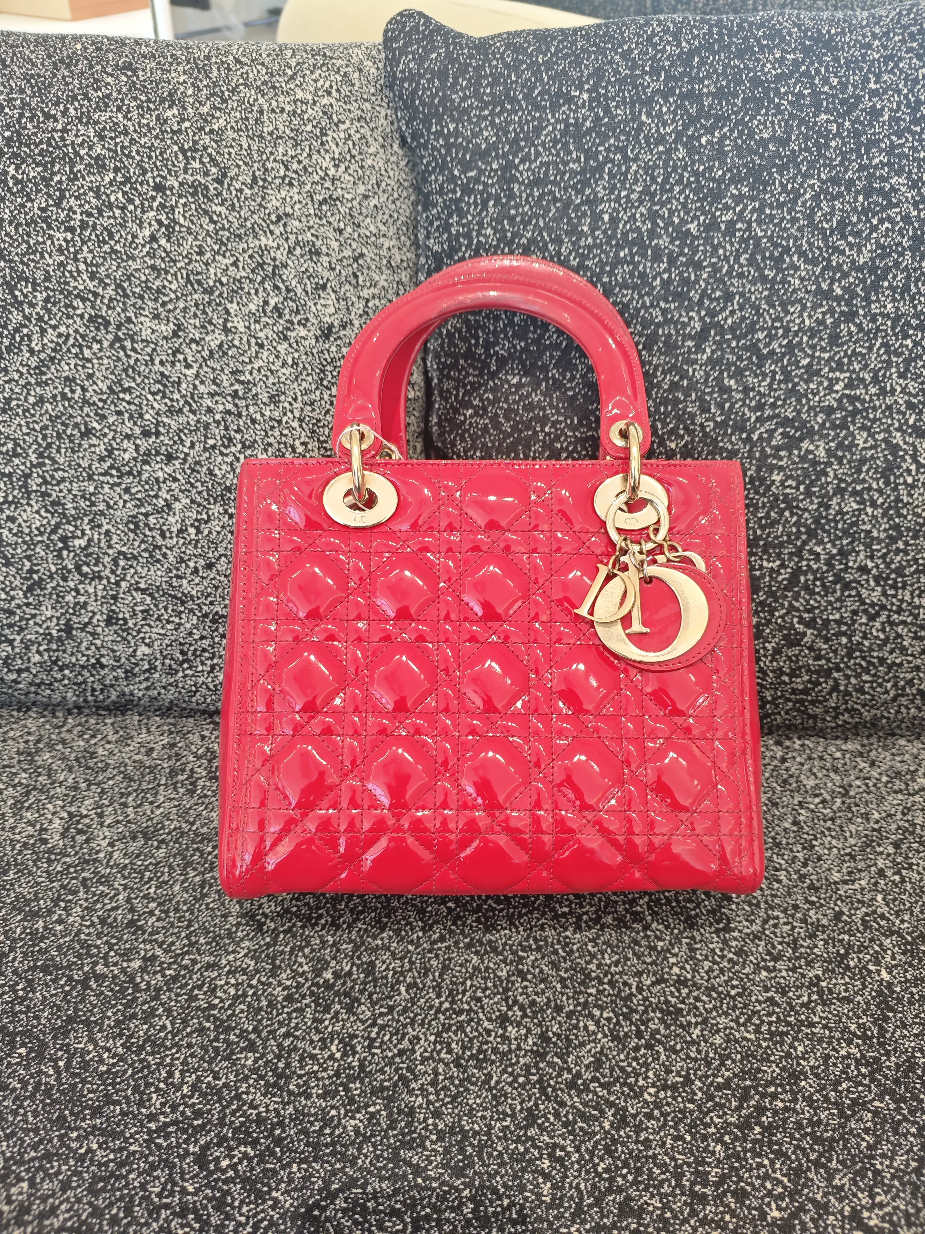 Pre-owned Dior Medium Lady Crossbody Bag Vibrant Bright Red Patent Leather, Cannage Diamond Quilted Pattern, D.I.O.R Metal Charm Pendants, Ideal for Dates, Parties