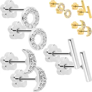 20 Gauge Clear CZ Gem Moon Circle Bar Reversible Flower Flat Back Earring Set of 6