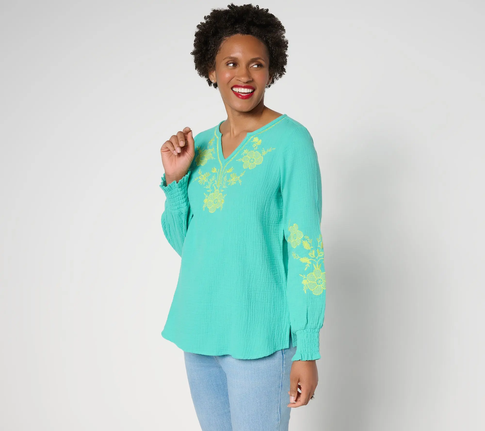 Belle Beach by Kim Gravel Cotton Gauze Embroidered Peasant Top