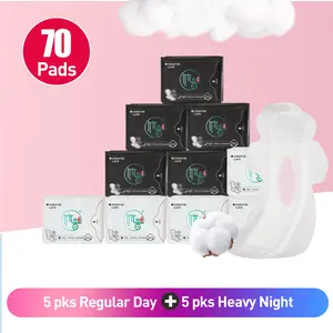 10 Packs/70 Counts Zhuyin Mixed Day & Night Sanitary Napkin, Organic Cotton Super Absorbency Menstual Pads for 245mm & 290mm, Unscented for Heavy Flow