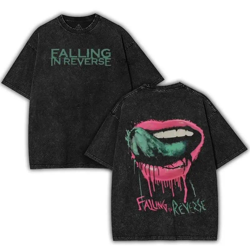 Women's Retro Falling in Reverse Lips Band Short-Sleeve Round Neck Washed Tee, Distressed Heavy Cotton Oversize Casual Loose Fit Alternative Style Rock Concert Grunge Unisex Top, Shortsleeve, Concert Clothing, Oversized Graphic Tee, Grunge Clothes, Rock B