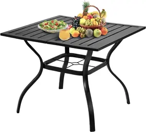 【Father's Day Gift】  36" Square Patio Table for 4, Metal Outdoor Dining Table with Umbrella Hole, All-Weather Steel Patio Dining Table Outdoor Table for Lawn, Garden, Backyard, Black