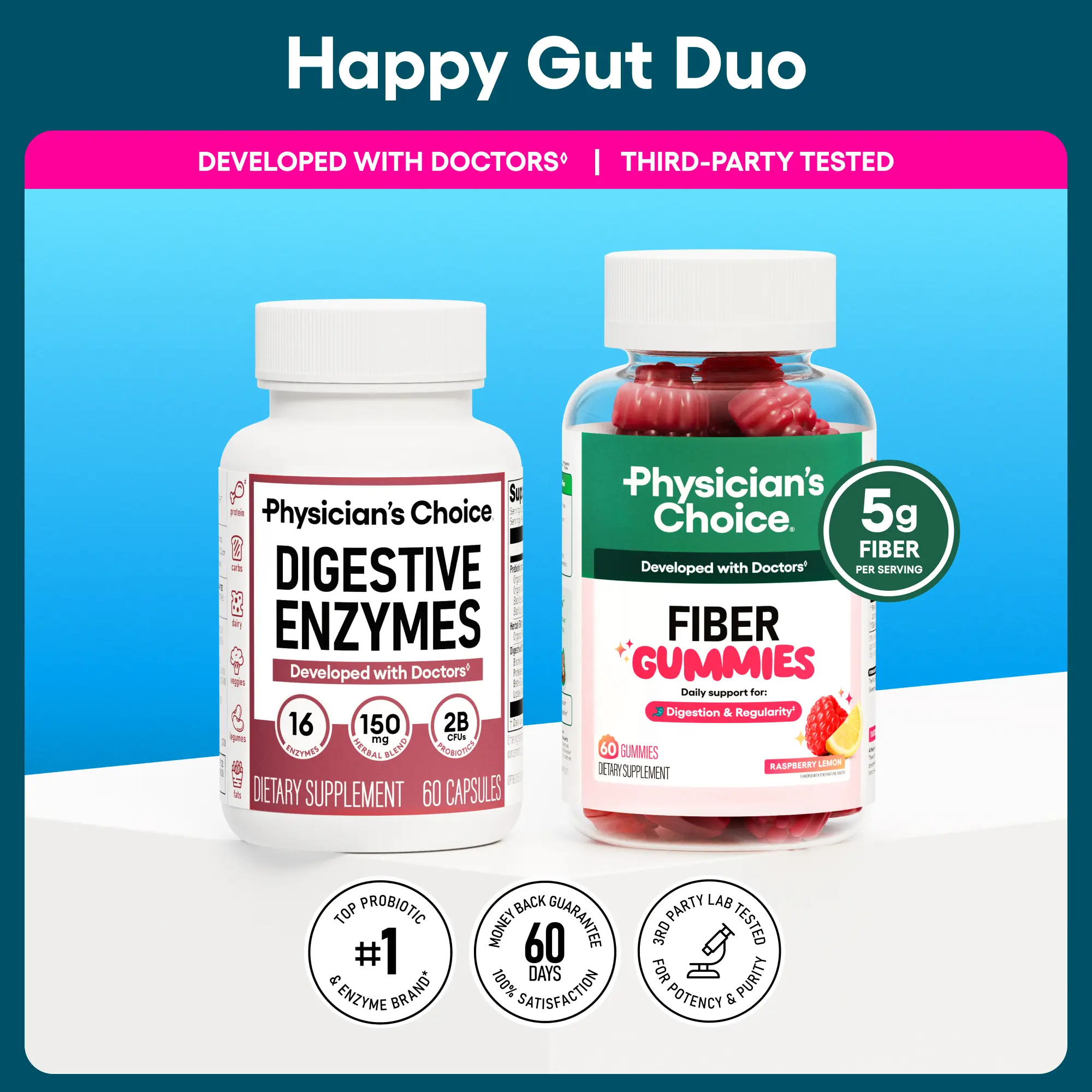 Physician's Choice Happy Gut Duo: Daily Regularity, Digestion, Bloating & Mealtime Support with Fiber Gummies + Digestive Enzymes Physician's Choice Happy Gut Duo: Daily Regularity, Digestion, Bloating & Mealtime Support with Fiber Gummies + Digestive Enzymes