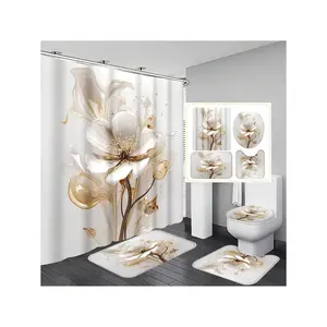 1pc/4pcs Simple Floral Bathroom Shower Curtain Set, Waterproof Polyester Bath Mat & U-Shaped Toilet Seat Cover, 71*71 Inch With 12 Hooks, Suitable For Bathroom Or Bathtub Decor, Autumn Home Bathroom Decor Fall Decor Bathroom Accessories Back To School