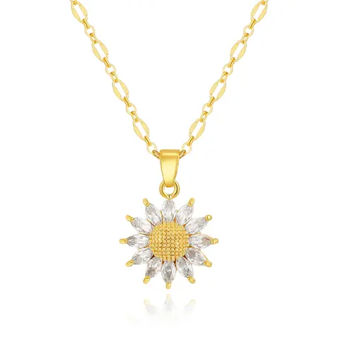 MIDEEO Dainty Sunflower Necklace for Women 14K Gold Plated CZ Sun Flower Pendant Necklace Adjustable 16.5 inches + 2 inches extender Link Chain Minimalist Gold Jewelry for Daily Wear and Gift for Her