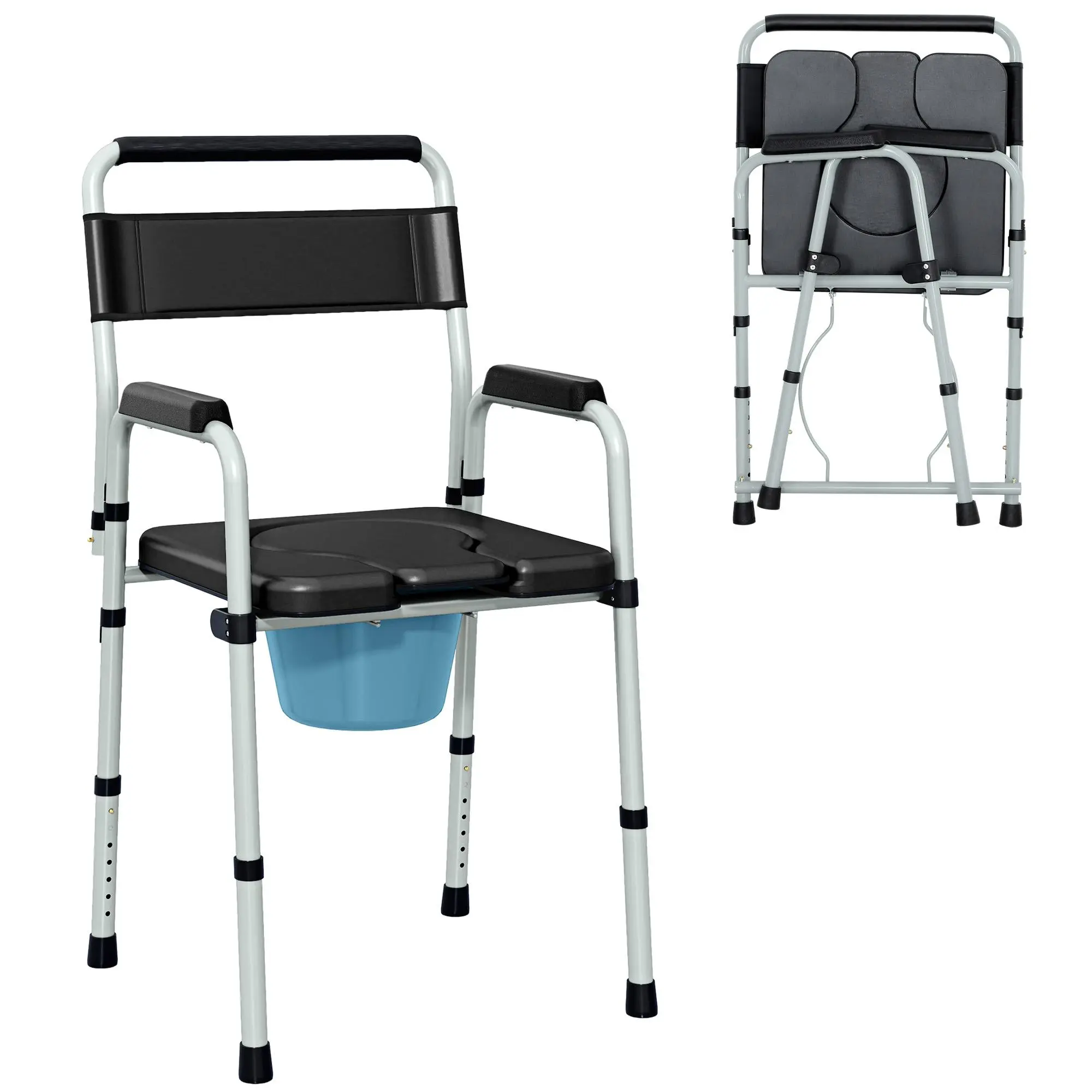 HOMCOM 4 in 1 Bedside Commode Shower Chair Portable Toilet Raised Toilet Seat with Handle for Seniors, Adults, Handicap, Adjustable Height, Gray