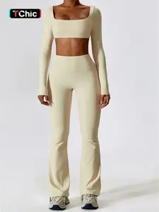 Women's Solid Square Neck Crop Top & High Waist Flare Leg Pants Set, Sporty Comfy Breathable Long Sleeve Top & Bell Bottom Trousers Two/Four-piece Outfits for Yoga Workout, Ladies' Clothes for All Seasons, Gym Wear, Sweatsuit Set