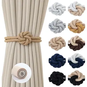 Magnetic Curtain Tiebacks Holdbacks - Wood Tie Backs Rope Holder with Floral Knot Design for No Drill Easy Install, Modern Boho Home Decor (2Pack, Beige)