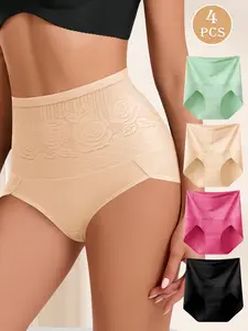 QUASTI 4 Pcs High Waisted Printed Patchwork Briefs For Women, Breathable Comfortable High Elasticity Material Underwear, Abdomen Control Hip Lifting Pantis, No Show Elegant Pattern Design, S-XXL