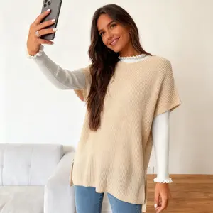 Women's 2026 Casual Knitting Pullover Top - Round Neck, Short-Sleeve, Soft Solid Cotton Jersey, Side Slit, Cloud-Soft Sparkly Sequin, Light Silk-Feel Elegant Basic Piece