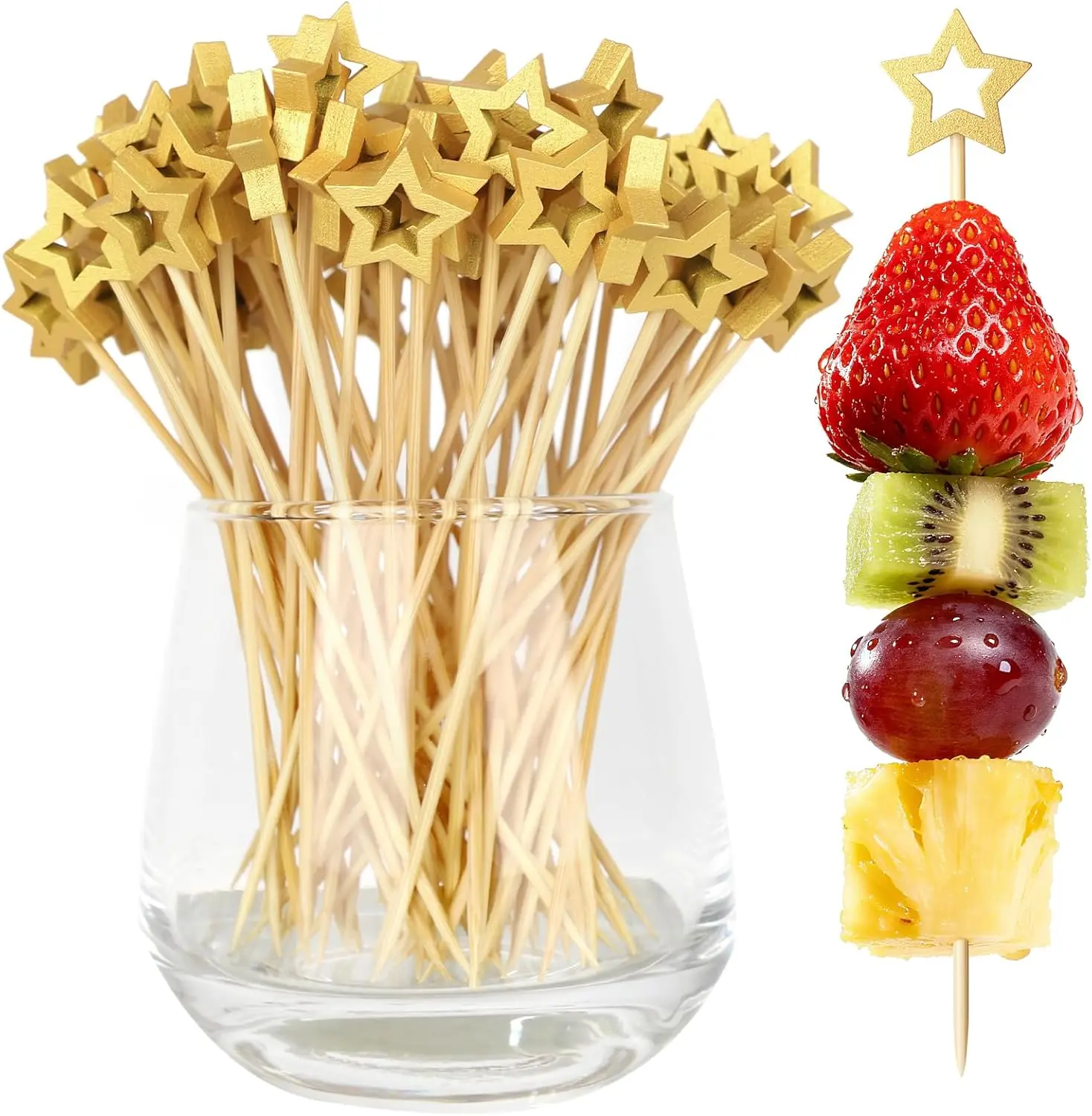 100PCS Gold Star Cocktail Picks, Decorative Fancy Toothpicks for Appetizers, 5.2 Inch Long Bamboo Skewers, Wooden Garnish Sticks for Drinks Food Fruit Party Supplies Charcuterie Boards Accessories